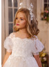 Puff Sleeves Beaded Ivory Organza Lace Romantic Flower Girl Dress